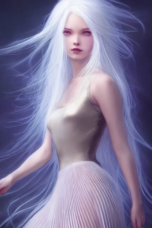 Image similar to magnum opus portrait professional photograph female holding white hair glowing, blush, pleated skirt, flowing hair, slim face, elegant, terry moore, masamune shirow, barclay shaw, karol bak, greg rutkowski