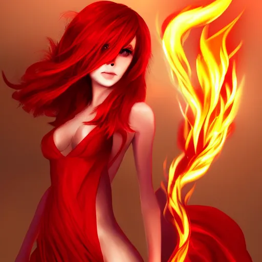 Image similar to a goddess with red hair and red dress with a fire aura, trending on artstation