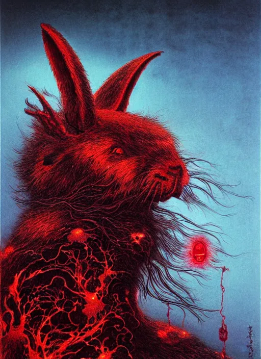 Prompt: a side view of chthonic neon fur demonic rabbit with red eyes and and black veins and white teeth and blood on arms, on background red lake on fire, highly detailed, art by Ayami Kojima, Beksinski, Giger