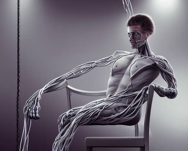 Image similar to a hyperrealistic painting of a human cyborg sitting in a chair with limbs stretched out, tied with electrical cables connected to supercomputers, flood of images flowing from his head, tesseract, vitruvian man, trending on artstation, concept art, insane details, zoomed out