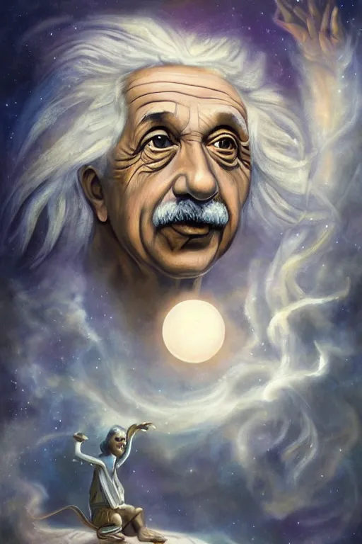 Image similar to breathtakingly beautiful painting of albert einstein as a genie, thinking about equations, moonlit sky, matte painting by brian froud, shaun tan, wlo and peter mohrbacher, highly detailed, intricate,, award winning artwork, trending on artstation, high quality printing, fine art with subtle redshift rendering