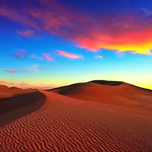 Prompt: beautiful sunset in the desert, sand dunes, dramatic, colorful