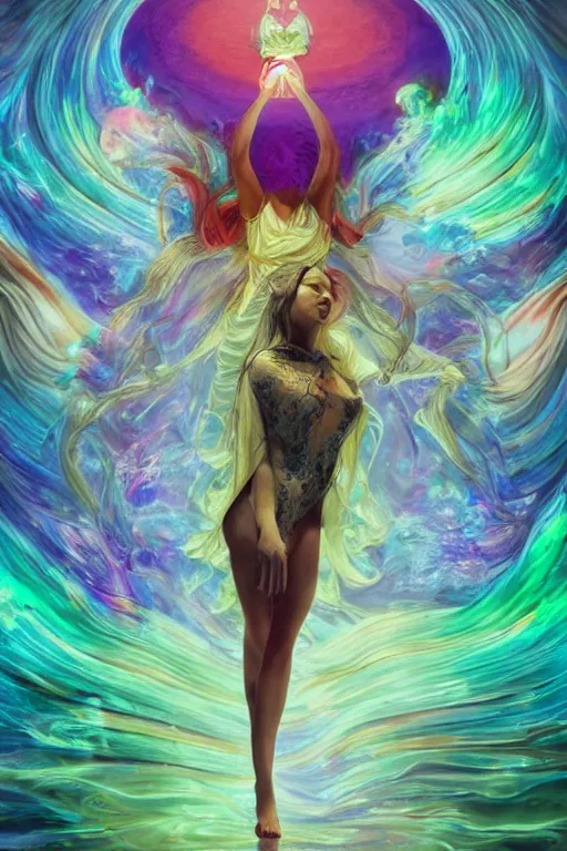 Prompt: overdetailed maximalist fullbody portrait of a beautiful female energy being transcending to her true form while floating over a surreal landscape. Made by oozium, inspired by silvio vieira, overpainted by loish. 8k 3d realistic render. Bright, sacred, spiritual, dawn, backlit, calm, relaxed, dynamic, ethereal, arcane, intricate, mysterious, dramatic, cinematic. Seen from below