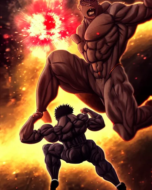 Prompt: gigachad naruto bodybuilder jumping in front of a atomic blast fighting wearing a suit in the fight club city, fantasy character portrait, ultra realistic, anime key visual, full body concept art, intricate details, highly detailed by greg rutkowski, ilya kuvshinov, gaston bussiere, craig mullins, simon bisley