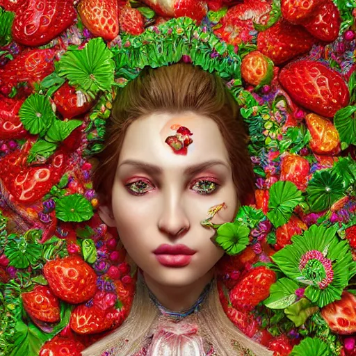 Image similar to the portrait of an absurdly beautiful, graceful, elegant, sophisticated, fashionable ethnic woman made of strawberries and green petals looking up, an ultrafine hyperdetailed illustration by kim jung gi, irakli nadar, intricate linework, bright colors, octopath traveler, final fantasy, unreal engine 5 highly rendered, global illumination, radiant light, detailed and intricate environment