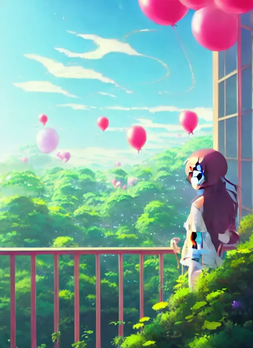 Image similar to girl stand in the a balcony where plants and flowers all around, she is watching a lot of balloons flying over, epic perspective, illustration concept art anime key visual trending pixiv fanbox by wlop and greg rutkowski and makoto shinkai and studio ghibli