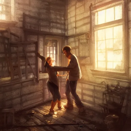 Prompt: two husbands leave each other inside a big wooden broken house by Stanley Artgerm Lau, WLOP, Rossdraws, James Jean, Andrei Riabovitchev, Marc Simonetti, Yoshitaka Amano, ArtStation, CGSociety, highly detaild 4K, cinematic style, studio light