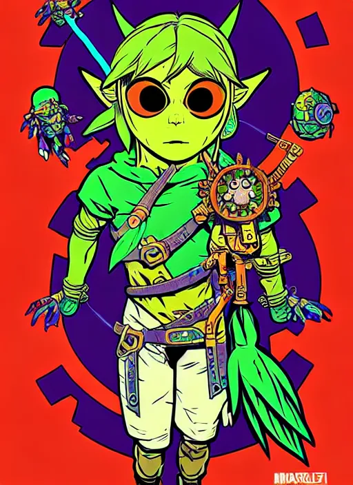 Image similar to biopunk majoras mask link from zelda!! portrait illustration, pop art, splash painting, art by geof darrow, ashley wood, alphonse mucha, makoto shinkai