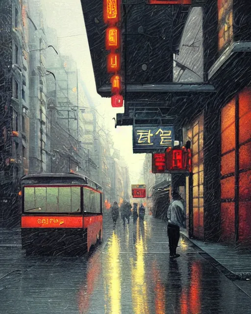 Image similar to a highly detailed epic cinematic concept art CG render digital painting artwork: Tokyo city street, raining. By Greg Rutkowski, in the style of Francis Bacon and Syd Mead and Norman Rockwell and Beksinski, open ceiling, highly detailed, painted by Francis Bacon and Edward Hopper, painted by James Gilleard, surrealism, airbrush, Ilya Kuvshinov, WLOP, Stanley Artgerm, very coherent, triadic color scheme, art by Takato Yamamoto and James Jean