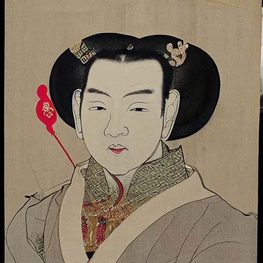 Image similar to sri sultan hamengkubuwono ix with blangkon and batik portrait, art by utamaro kitagawa, raden saleh, banksy, basuki abdullah