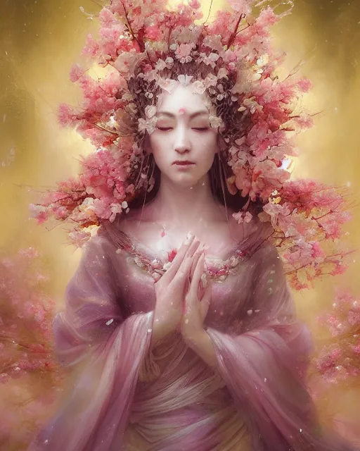 Image similar to Full View Portrait Mystical ethereal Cherry blossom deity wearing beautiful dress, Sakura Dryad made of Sakura beautiful dress, 4k digital masterpiece by Greg Rutkowski and Ruan Jia and rossdraws, Alberto Seveso, fantasycore, Hyperdetailed, realistic oil on linen, soft lighting, Iconography background, featured on Artstation