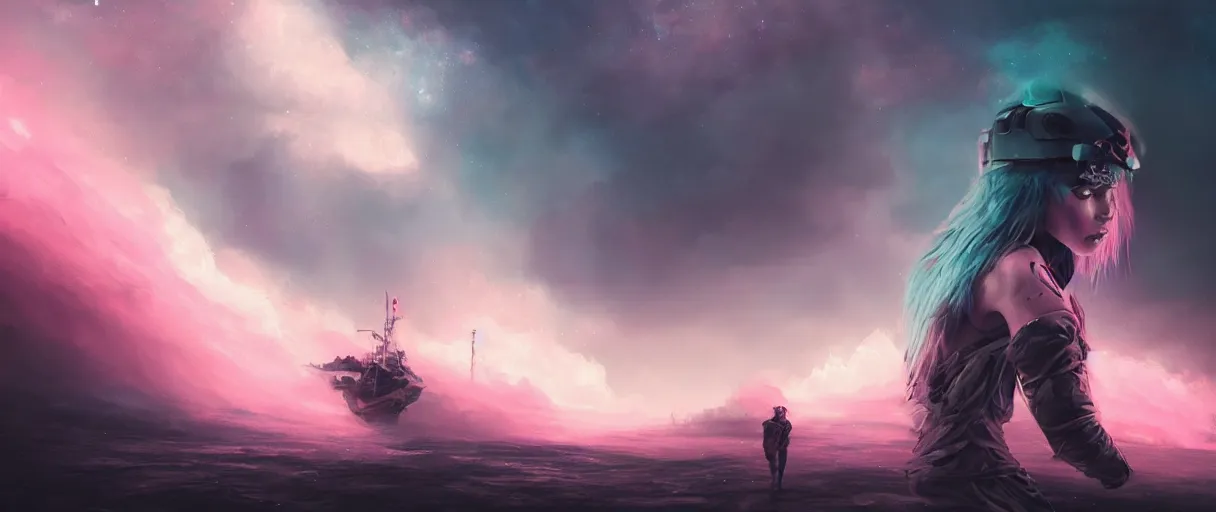 Image similar to beautiful clear faces by tom bagshaw, portrait big dark punk, pink, mohawk, arcteryx, space, hyperdetailed illustration, stars, neon, oil painting, rich deep colors masterpiece, ultra detailed, contrast, heaven pink, clouds, volumetric light, atmospheric lighting, pirate neon ship, dramatic, cinematic, moody, octane render 4 k, 8 k