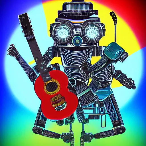 Prompt: tshirt print of a 3 dieselpunk robots playing guitar, text robos rock, 8 k, flourescent colors, halluzinogenic, multicolored, exaggerated detailed, front shot, 3 d render, octane