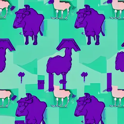 Image similar to a herd of sheep being herded by a cyberpunk cowboy Shepard, cyberpunk cityscape Purple mint teal orange green pink