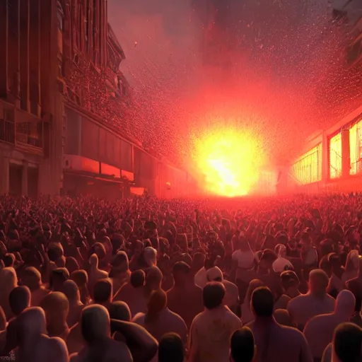 Image similar to the biggest mosh pit in the world, punks throwing Molotovs in the air, fighting, flame and fire, glowing upside cross, cinematic, epic, volumetric, godrays, dynamic lighting, dust flying up into the air, people shooting into the air with guns, octane render, photorealistic, unreal engine, artstation, artstation trending, artstation hq, artstation hd, Pinterest, 8k, ultra detailed, ultra realistic,