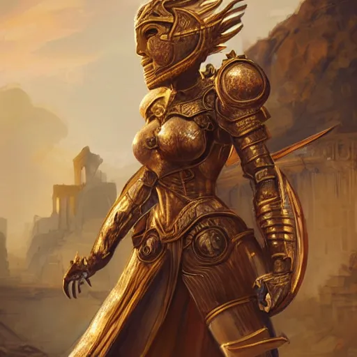 Prompt: portrait knights of Zodiac girl, golden and copper armor, in ruined Agora of Athens, ssci-fi, fantasy, intricate, very very beautiful, elegant, highly detailed, digital painting, artstation, concept art, smooth, sharp focus, illustration, art by tian zi and WLOP and artgerm