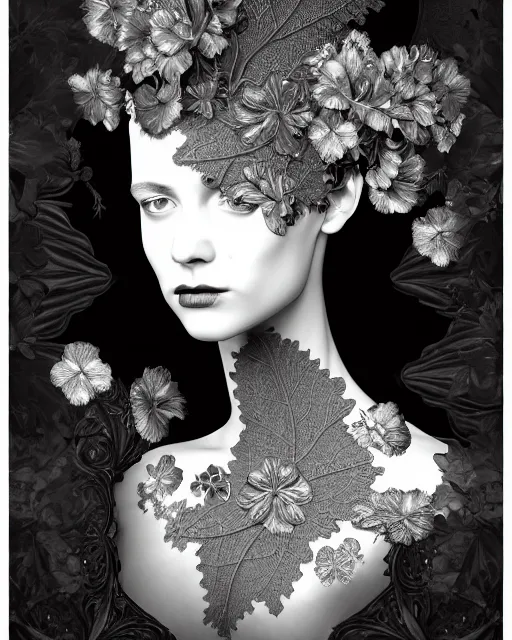 Image similar to monochrome profile portrait painting, dutch masters, silver lace floral steampunk biomechanical beautiful one techno eye young female cyborg, big monocular, volumetric light, leaves foliage and stems, hibiscus flowers, alexander mcqueen, rim light, big gothic fashion pearl embroidered collar, 8 k