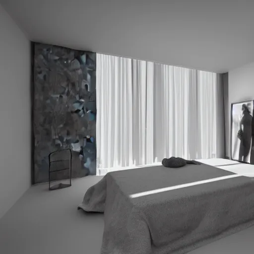 Image similar to symmetry, parallax mapping of brutalist bedroom, minimalist architecture, minimalist furniture, octane render, high quality