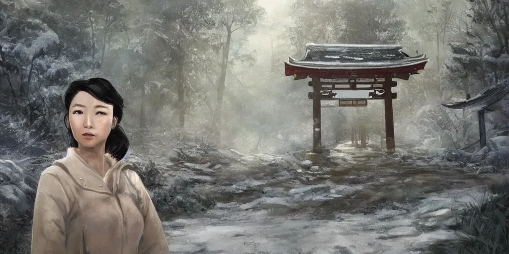 Image similar to fallout 5, charismatic beautiful rugged asian female protagonist, portrait, outdoors in forest, tori gate!!! and shinto shrine!!! in the background, atmospheric lighting, painted, intricate, volumetric lighting, daytime, winter, blizzard, sharp focus, ultra detailed, art by william turner