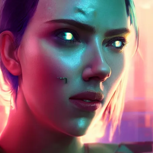 Prompt: scarlett johansson portrait, Cyberpunk 2077, cyberpsycho, photorealistic, ultra detailed, neon, octane, bokeh, cyber, cyberpunk city, feature, scars, cyberface, 8k