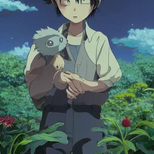 Prompt: friendly guy and small creature , with Fragile looking character portrait face made by Studio Ghibli highly detailed art, beautiful scene, sharp focus, smooth, 8k, anime art, wild, dark, fantasy, peaceful, colorful, detailed creature