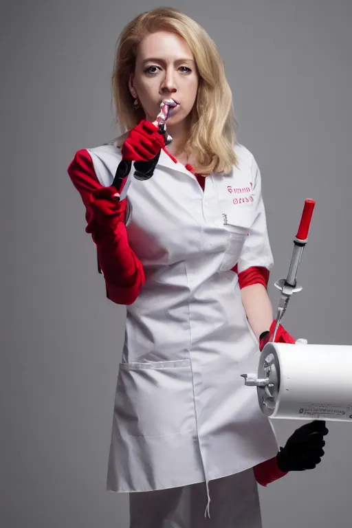 Image similar to elizabeth holmes as a psychopath nurse holding a giant syringe, cosplay, studio lighting, marvel, villainess