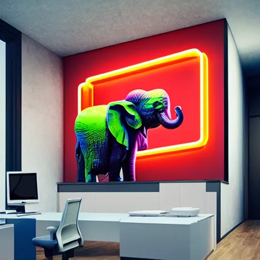 Image similar to a neon elephant yoda in a modern office space, art designers magazine HD photo superrealism 3d 8k resolution