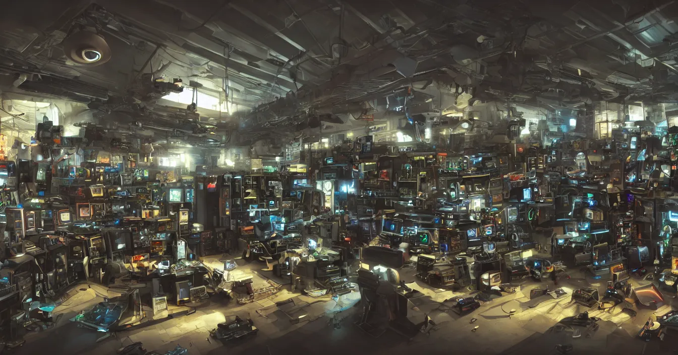 Prompt: Wide view of a room interior of strange hardware geek from far future, full of various electronic hardware components, devices and instruments, incredible sharp detail, back light contrast, dramatic dark atmosphere, bright vivid colours, reclections, metal speculars, render in Unreal Engine, Digital Domain, ILM, movie quality vfx