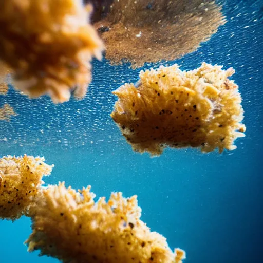 Prompt: Underwater photo of breaded scampi scattered across the seabed