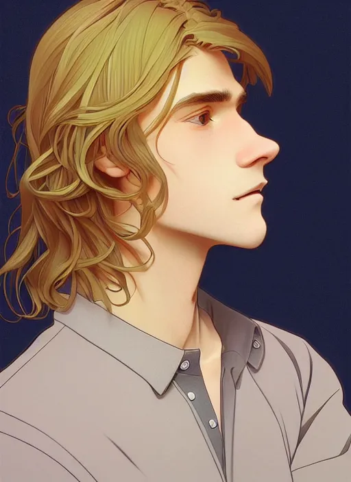 Image similar to pretty young man with shoulder length shiny shimmering golden blond hair, path traced, highly detailed, high quality, digital painting, by studio ghibli and alphonse mucha, leesha hannigan, makoto shinkai, disney