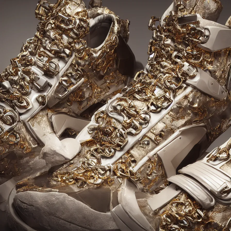 Image similar to futuristic balenciaga sneakers, nft art, highly detailed, hyper realistic, a ton of bussdown iced gold bling in wallace & gromit strata - cut claymation, ultra realistic, concept art, intricate details, serious, highly detailed, photorealistic, octane render, 8 k, unreal engine