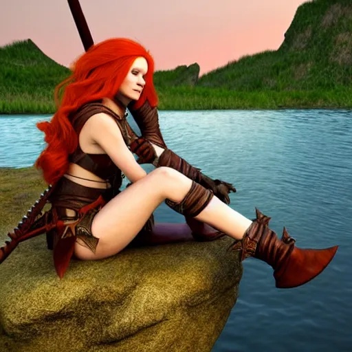 Image similar to beautiful female redhead elf warrior wearing leather armor, sitting next to a beautiful lake at sunset, enjoying the wind, looking at the water. 8 k ultra realistic, award winning, unreal engine 5, masterpiece, atmosphere glow, hyperrealistic, focused, extreme details, cinematic