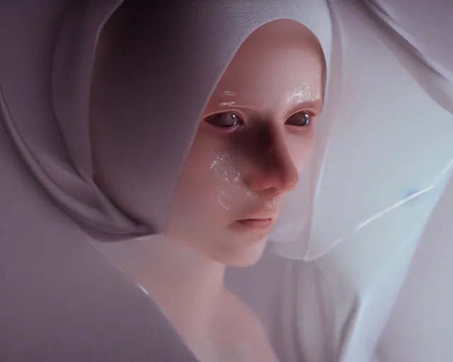 Image similar to a film still of a synthetic female human wrapped in white cloth, in neotokyo, cinematic lighting, high resolution, 4 k