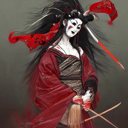 Image similar to an epic portrait of insane kabuki wielding a spear, magical aura of insanity, intricate hakama, poofy red wig, eerie, highly detailed, dark fantasy, art by artgerm and greg rutkowski