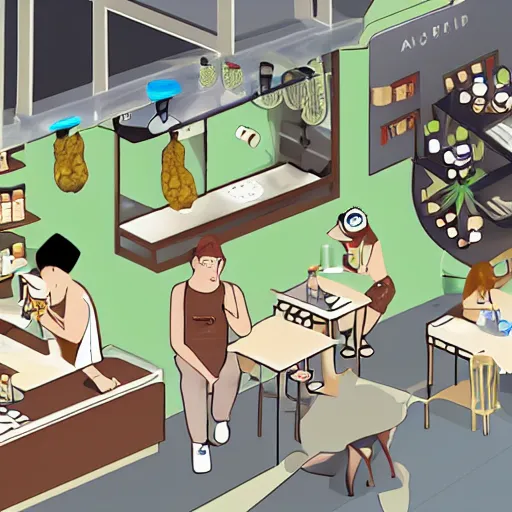 Prompt: cute and funny cartoon of australian cafe teaching customers how to smoke cannabis for the first time, axonometric render by pixar