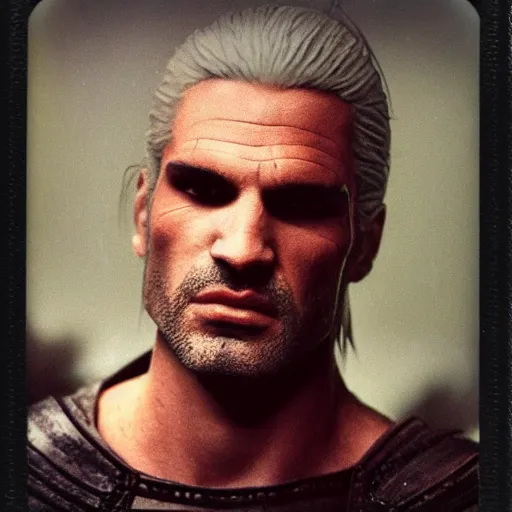 Image similar to polaroid of geralt of rivia face shot by Tarkovsky