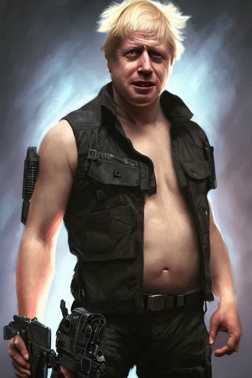 Image similar to Boris Johnson as Terminator, Boris Johnson hairstyle, full body realistic portrait, highly detailed, digital painting, artstation, concept art, smooth, sharp focus, illustration, cinematic lighting, art by artgerm and greg rutkowski and alphonse mucha