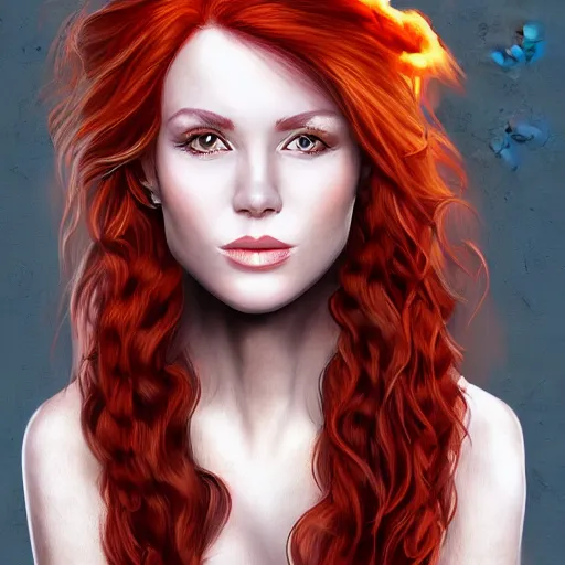 Prompt: a highly detailed headshot portrait of a beautiful red haired woman wearing a dress made of fire concept art