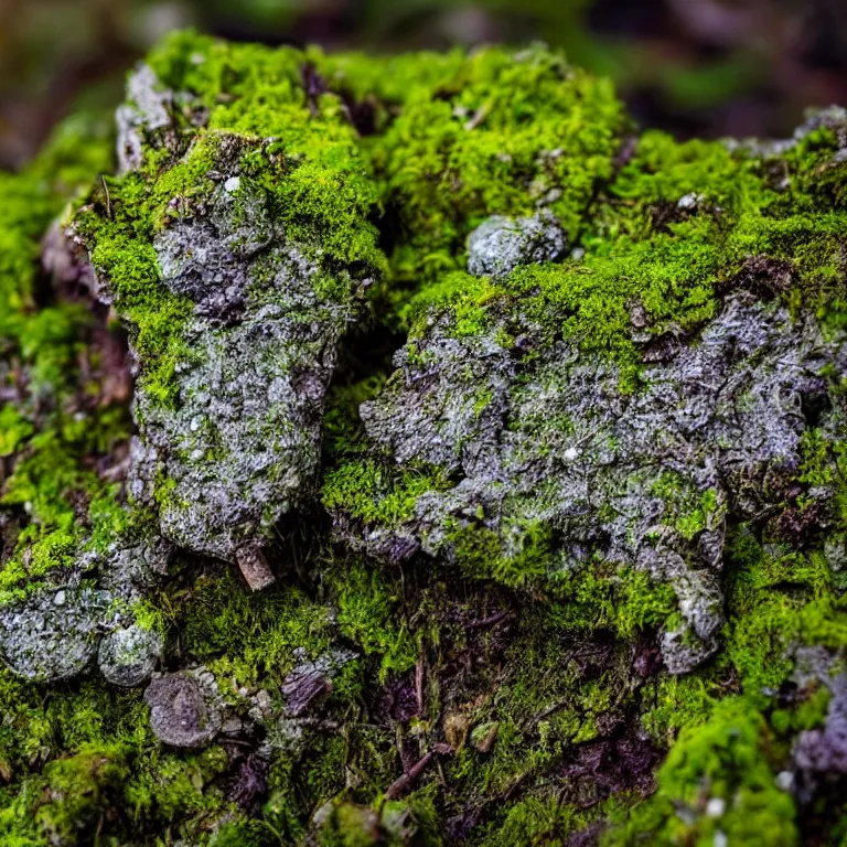 Image similar to a lichens and moss close-up various fungus, mushrooms and plants, Atmospheric phenomenon, artistic photography, muted colors, conceptual, long exposure outside the city