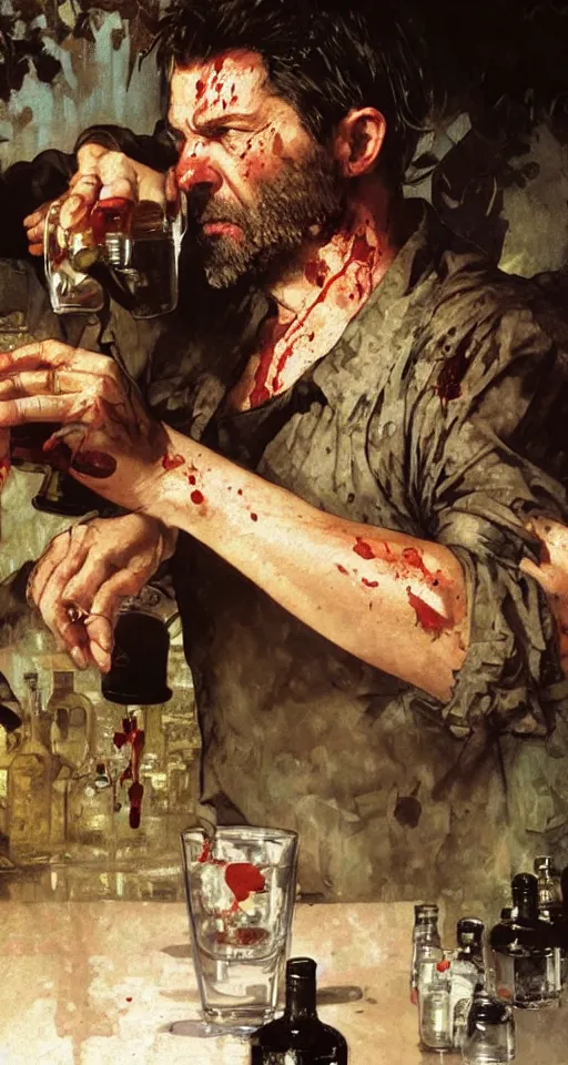 Image similar to close up of bloodied max payne pouring a drink, sun shining, photo realistic illustration by greg rutkowski, thomas kindkade, alphonse mucha, loish, norman rockwell.