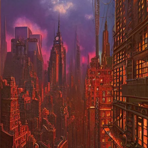 Prompt: steampunk cityscape of new york city, by tim hildebrandt, wayne barlowe, syd mead, john harris, bruce pennington, donato giancola, larry elmore, oil on canvas, artstation, pixiv, cinematic composition, dramatic, beautiful lighting