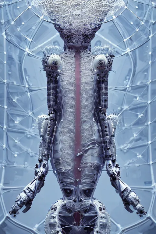 Prompt: background space station, baroque puffy dress iris van herpen positing on floor, perfect symmetrical, full body shot, white helmet on face, inflateble shapes, wires, tubes, veins, jellyfish, white biomechanical details, wearing epic bionic implants, masterpiece, intricate, biopunk, vogue, highly detailed, artstation, concept art, cyberpunk