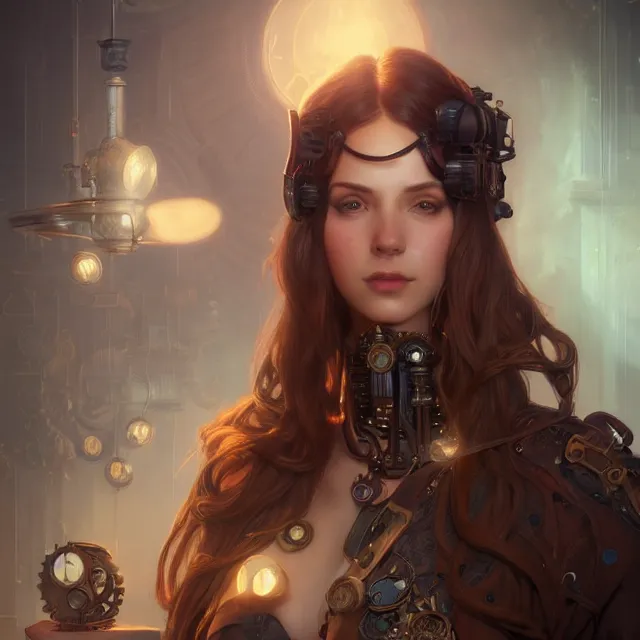 Prompt: portrait of beautiful steampunk girl, volumetric lighting, ray tracing, futuristic, sharp focus, vibrant, vivid, symmetry, highly detailed, 4 k digital painting, detailed skin, raytracing, artistic, concept art by artgerm, greg rutkowski, alphonse mucha, unreal engine render,