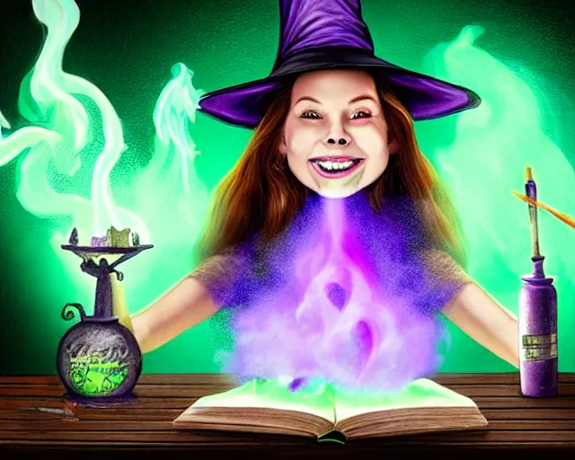 Prompt: close up portrait, happy teen witch and her cat mixing a spell in a cauldron, faint wispy green and purple smoke fills the air, a witch hat, cinematic, green glowing smoke is coming out of the cauldron, ingredients on the table, apothecary shelves in the background, scary stories to tell in the dark book cover, goosebumps