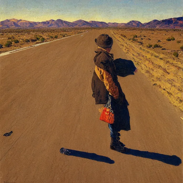 Prompt: a painting of the loneliest highway in nevada by norman rockwell, golden hour, detailed, art gallery quality