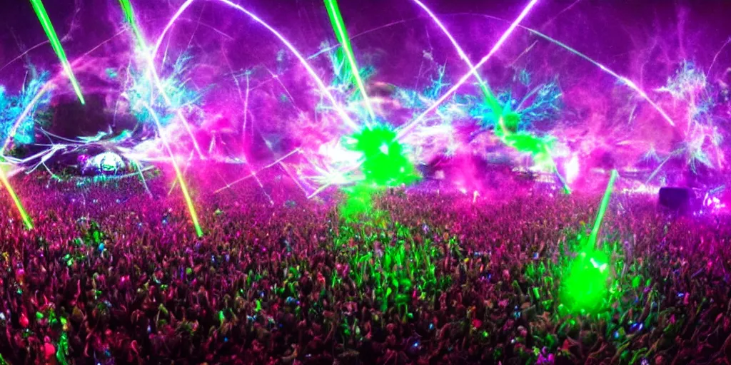 Prompt: ”massive outdoors rave edm music festival on another planet with aliens and strange creatures dancing, [lasers, lightshow, epic, wide angle, cinematic]”
