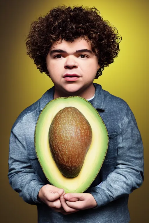 Image similar to 📷 gaten matarazzo head in avocado 🥑, made of food, head portrait, dynamic lighting, 4 k