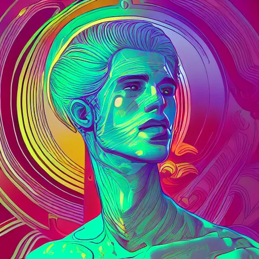 Image similar to the head of a beautiful and elegant man partially made of rainbows, an ultrafine detailed illustration by james jean, final fantasy, intricate linework, bright colors, behance contest winner, vanitas, angular, altermodern, unreal engine 5 highly rendered, global illumination, radiant light, detailed and intricate environment