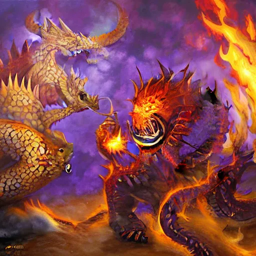 Prompt: ginger man in a purple t-shirt fights a fire breathing dragon in a room filled with dragon eggs, painted, by Chris Rahn, high fantasy