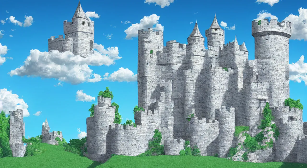 Prompt: Big castle made of white bricks surrounded by blue sky, beautiful digital art,